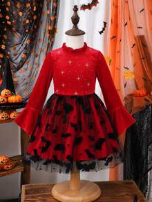 Halloween Girls Fashion Rhinestone Velvet Bat Mesh Dress - Red - View 2