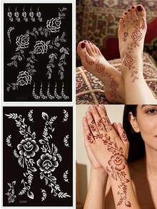 Tiebeauty 2件組可重複使用花卉海娜紋身模板套裝，玫瑰藤蔓 Mehndi 模板，適用於手臂、手部與全身彩繪，適合日常、節慶與身體藝術 - 黑色 - 查看 12