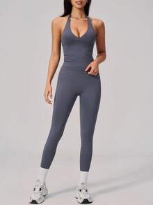 NcmRyu Women's One Set Solid Color Halter Neck Backless Tank Top Ribbed Waist Leggings Sports Set - Grey - View 6