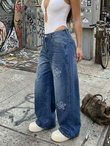 Women's Vintage Street Casual Floral Embroidered Loose Wide Leg Barrel Jeans Y2K - Medium Wash - View 5