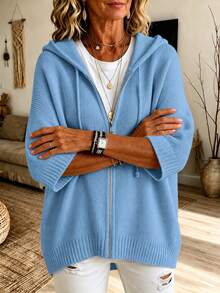 Solid Color Knitted Zip-Up Hoodie With Drawstring, Loose Fit, Casual Versatile Commuter Style, Suitable For Evening Dates, Weddings, Campus, Autumn/Winter - Sky Blue - View 6