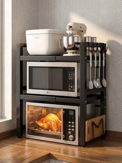 Super life A Two- Or Three-Tier Microwave Oven Rack, Microwave Oven Support, Adjustable Shelf With Hooks, Microwave Oven Rack With Storage Function, Countertop Microwave Oven Rack, Suitable For Kitchens And Living Rooms.