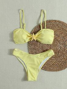 Women's Pale Yellow Starfish Decor Bikini, Sexy Beach Vacation Two Pieces Swimsuit Set, Spring/Summer Style - Multicolor - View 2