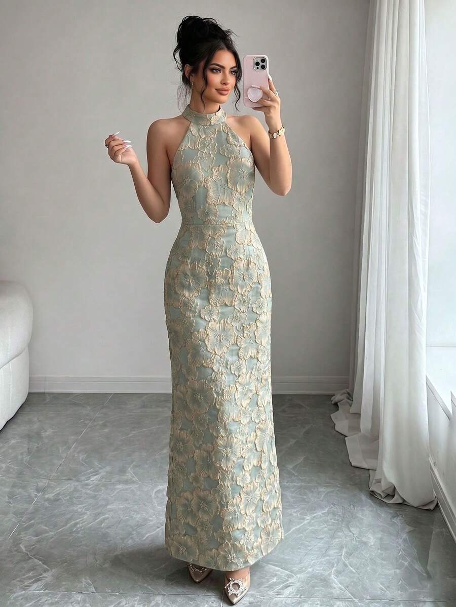 花卉印花漸層色浪漫優雅婚禮賓客正式晚宴掛脖洋裝 派對度假秋季 - 綠色 - 查看 1