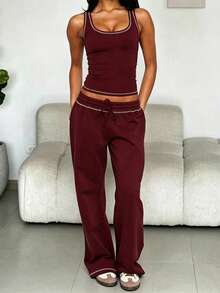2pcs/Set Women's Summer Solid Color Sporty Set, Sleeveless Top With High Waist Drawstring Straight Pants Elegant - Burgundy - View 1
