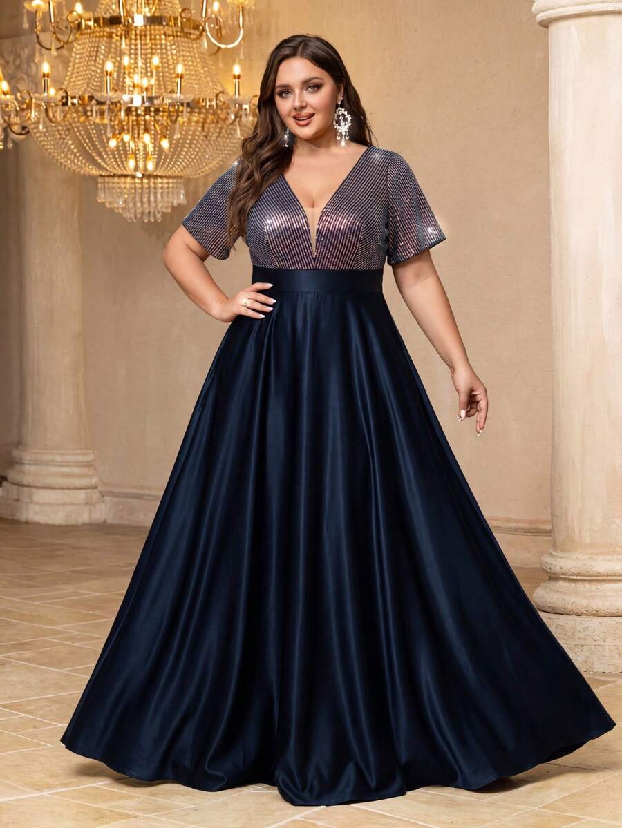 UNITHORSE V-Neck Short Sleeve Sequin Patchwork Satin Flared Formal Dress - Navy Blue - View 1