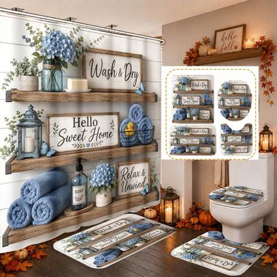 1pc/4pcs Blue Embroidered Ball Wooden Frame Butterfly Pastoral Style Pattern Multifunctional Bathroom Decor Shower Curtain Set, Free 12 Hooks, Premium Holiday Atmosphere, Bathroom Mat U-Shaped Floor Mat And Round Toilet Lid Cover, Suitable For All Scenes Decoration, Bathroom Set