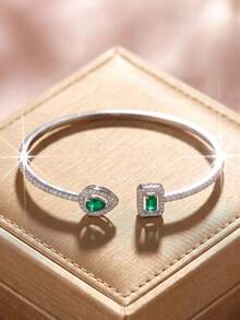 1 Set Fashion Cubic Zirconia Asymmetrical Women's Bracelet & Bangle Set, Silver-Plated Shiny Jewelry, Party Music Festival Daily Travel Accessories, Anniversary Birthday Gift For Partner Best Friend Girlfriend - ST-298 White Green + WDST-84 - View 6