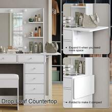 FUSOU 11 Drawers Dressing Table, Vanity Desk With Power Outlet & Lighted Mirror, Vanity Table With 4 Shelves & Fold-Up Panel, 3 Color Modes, Makeup Table With Chair For Bedroom, White - White - View 7