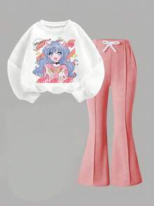 Young Girl Cartoon Pattern Crew Neck Sweatshirt And Flare Pants - Pink - View 2