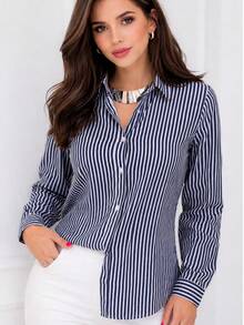 Polyester Dress Shirt, Patchwork, Striped Dress Shirt, Summer Office Shirt - Navy Blue - View 2