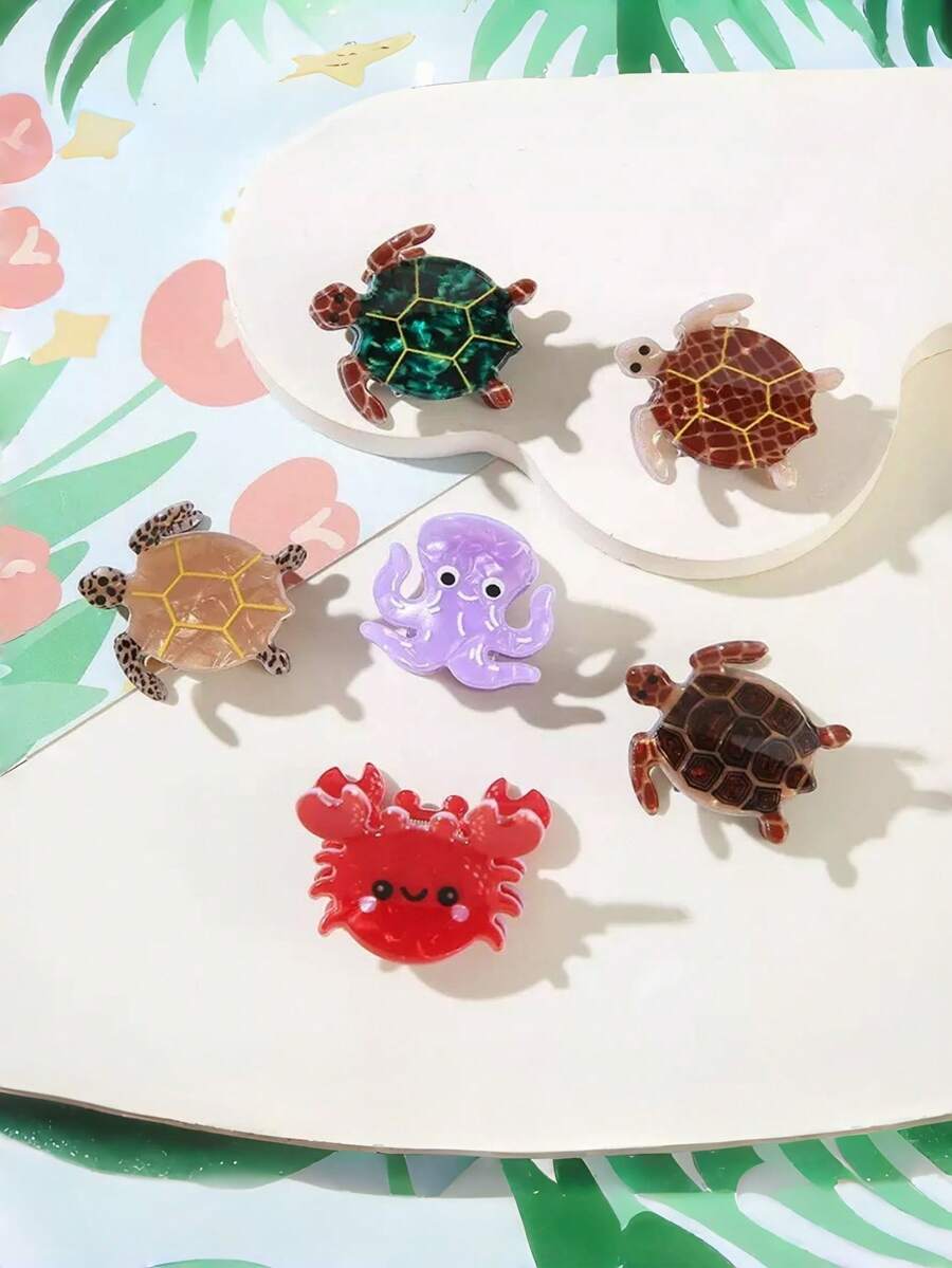 6 piezas de lindos clips para el cabello con animales marinos, garra de cabello de fibra de acetato con diseños de tortuga, cangrejo y pulpo de dibujos animados, accesorios para el cabello de mujer - Multicolor - Ver 1