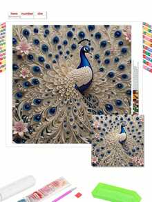 一套孔雀钻石画套装，5D DIY 全圆钻马赛克浮雕工艺品，手工创意礼品，家居装饰墙画，无框画布，圆形钻石画套装，艺术休闲之选 - 彩色 - 查看 14
