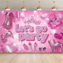1pc Pink Glitter Party Backdrop Banner With "Let's Go Party" Text, High Heels And Crown Design - Durable Shiny Decoration For Birthday, Photo Booth, Indoor And Outdoor Celebrations - Multicolor - View 4