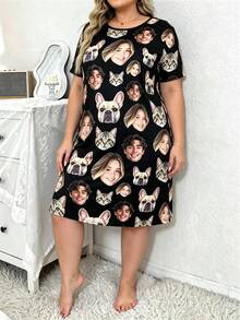 1pc Plus Size Customized Pet Dog/Cat Face Photo Pajama Set, Women's Nightgown Loungewear Personalized Night Dress Gift - Multicolor - View 5