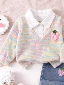 Spring/Autumn Girls Sweet Fashion 2 Pieces Set, Gradient Color Lapel 3D Strawberry Embroidered Faux Two Pieces Top, Fruit Strawberry Embroidered Cuffed Denim Long Pants, Suitable For Daily Casual, Outing Wear - Multicolor - View 3