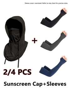 2/4Pcs UV Protection Sun Protection Hooded Face Cover Arm Sleeves Set, Breathable Cooling Neck Gaiter With Drawstring, Sun Screen Head Cover & Ice Sleeves For Driving, Cycling, Fishing Outdoor Activities - Multicolor - View 1