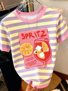 Cocktail Club Striped All-Over Print Fashion Top, Summer, Beach, Women's Casual Round Neck Short Sleeve Minimalist T-Shirt Yellow - Yellow - View 1