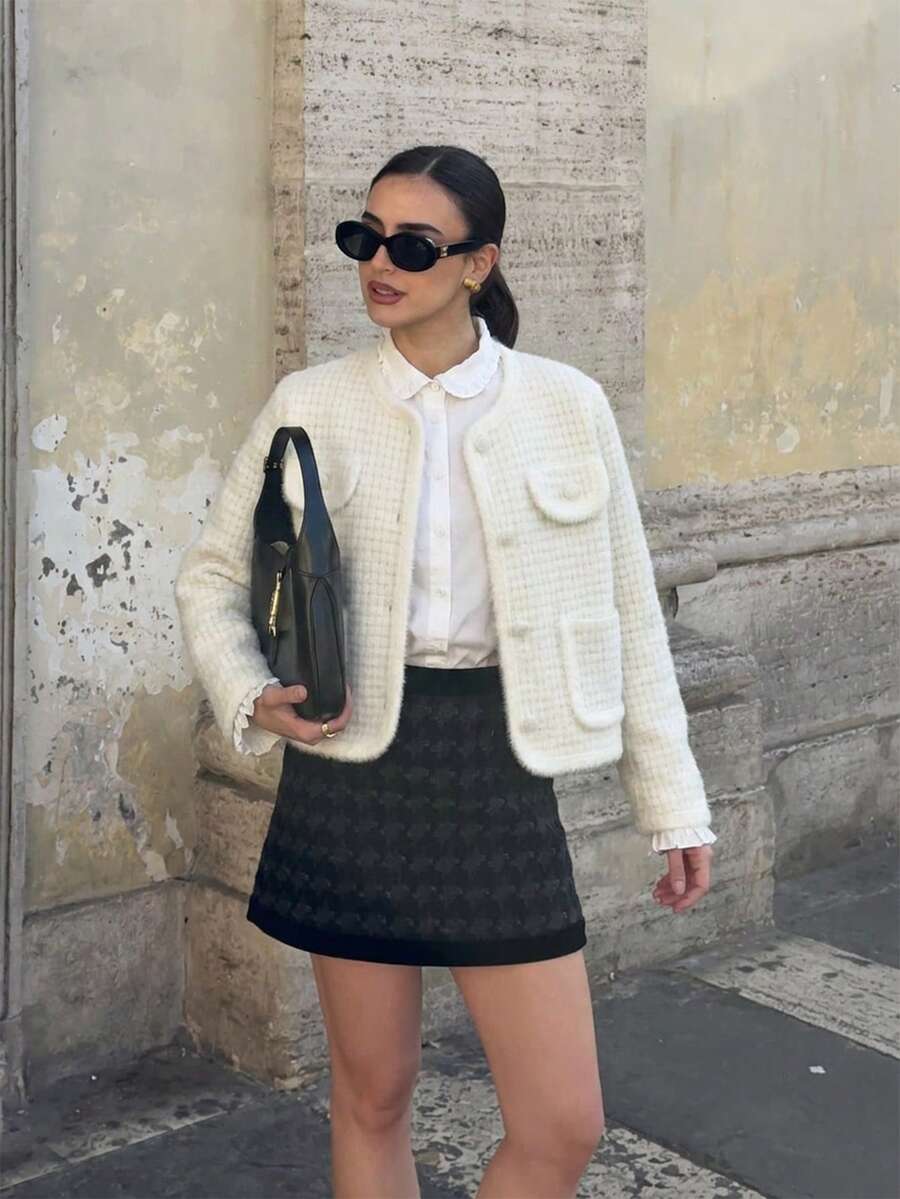 女款秋季白色粗花呢開襟外套，優雅圓領長袖鈕扣前襟針織毛衣外套，附口袋，時尚休閒外衣