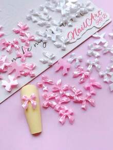 50pcs Pearlescent Shiny Bowknot 3D Resin Nail Charms, Mixed Pink & White Luster Bow Nail Art Decorations, Cute Kawaii Pearl Gloss Ribbon Bow Ornaments For DIY Manicure Acrylic Nails Salon Nail Design Accessories - Multicolor - View 4