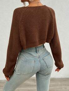 Women's Autumn/Winter Solid Color Ribbed Knit Dolman Sleeve Cropped Cardigan Vest - Mocha Brown - View 2