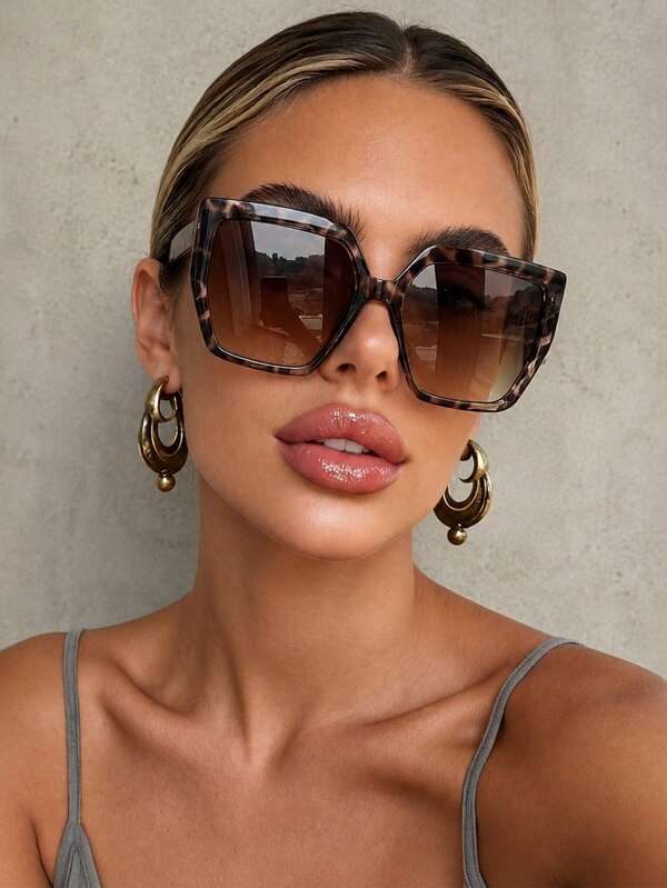 Glamine 1 Pair Square Large Frame Leopard Print Fashion Glasses, Y2K Music Festival, Summer Beach Vacation, Outdoor Activities, Travel Essential