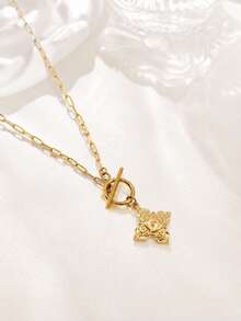 1pc Stainless Steel Vintage French Style 18K Gold Plated Cross Embossed 3D Pendant Necklace With OT Clasp - Multicolor - View 1