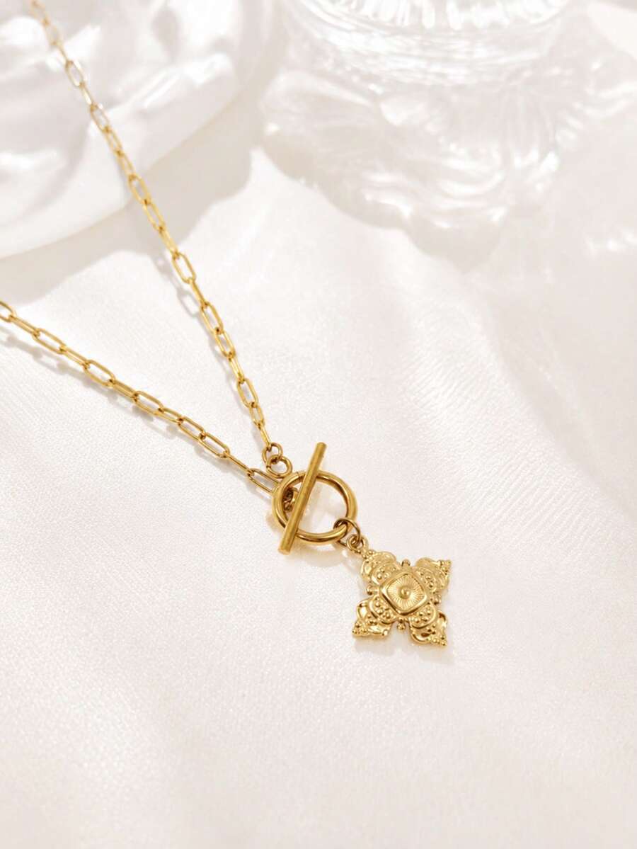 1pc Stainless Steel Vintage French Style 18K Gold Plated Cross Embossed 3D Pendant Necklace With OT Clasp - Multicolor - View 1