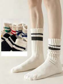 1/6/10 Pairs Autumn/Winter Contrast Color Unisex Slouch Socks, Minimalist Striped Knee-High Socks - Multicolor - View 1