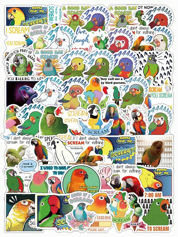52 Pcs Funny Screaming Parrot Stickers Pack, Sassy "Mind If I Scream" Macaw Budgie Lovebird Vinyl Decals, Waterproof Stickers For Journal, Water Bottle, Laptop, Luggage, Phone Case DIY Decor, Scrapbook Supplies