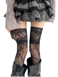 1 Pair Floral Pattern Over-The-Knee Socks, Patterned Design To Match Skirts, Elastic And Comfortable, Party Holiday Gift - Multicolor - View 12