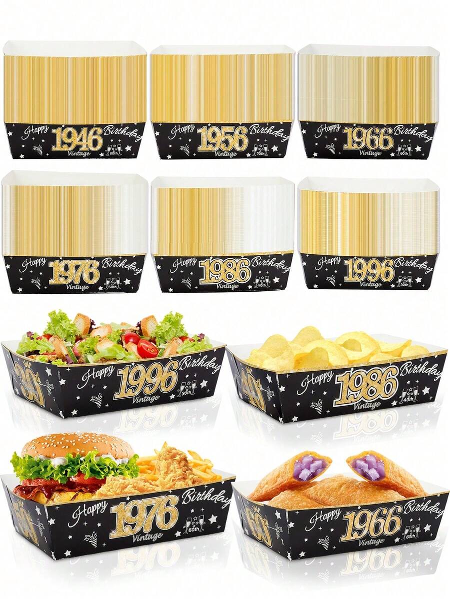 10个/60个复古30/40/50/60/70/80岁生日派对纸质食物托盘桌面装饰1946/1956/1966/1976/1986/1996,一次性零食、糖果、薯条、爆米花船形餐盘容器,适用于30/40/50/60/70/80岁生日周年纪念派对用品 - 彩色 - 查看 1