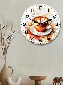 1 Cup Of Coffee 背景牆鐘 10/12 英吋木皮歐式圓形靜音平板掛鐘，不含電池，為書房或客廳增添愉悅時光，送給朋友、家人、同事等的完美禮物 - A - 查看 1