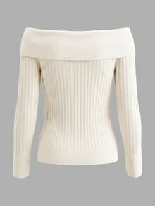 Women's Off-Shoulder Long Sleeve Knit Tulle Top, Regular Length, Medium Stretch Fabric - White - View 11