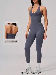 NcmRyu Women's One Set Solid Color Halter Neck Backless Tank Top Ribbed Waist Leggings Sports Set - Grey - View 1
