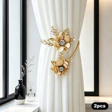 2pcs Luxury Pearl Floral Curtain Tiebacks, 3D Flower Bedroom Living Room Soft Decor Curtain Tie, Window Decoration - Alloy - View 12