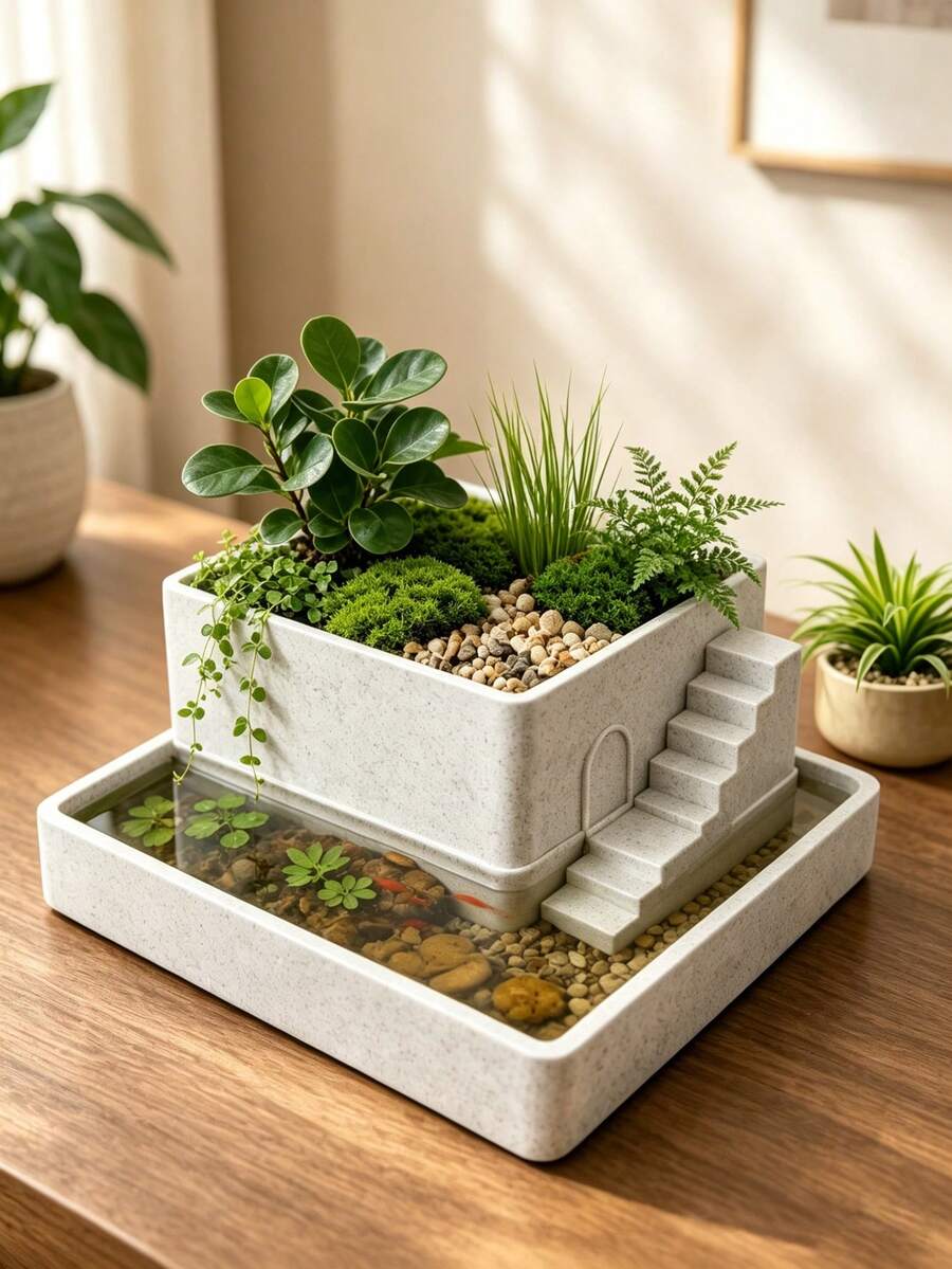方形迷你濕地植栽盆附水箱,適合水生植物與盆栽的桌面植栽盆,現代極簡居家與辦公室裝飾,送給植物與園藝愛好者的禮物,小型兩棲動物(包括烏龜與螃蟹)棲息地 - 常規款 - 查看 1