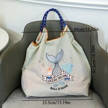1pc New Embroidered Fish Tail Pattern Storage Nylon Large Capacity Foldable Shopping Bag Commuter Beach Party Women's Shoulder Crossover Tote Bag - Multicolor - View 9