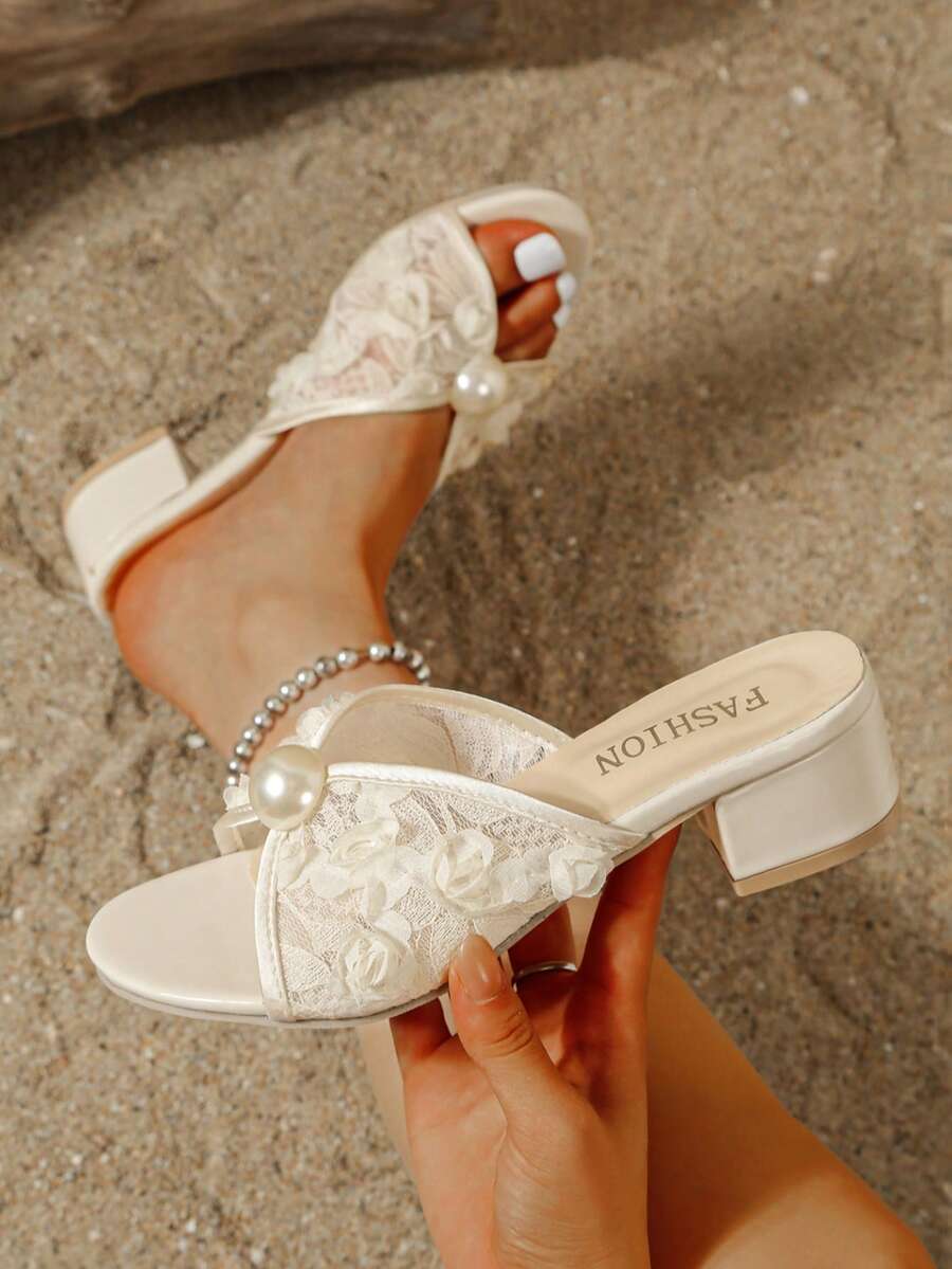 女款時尚優雅露趾高跟鞋，蕾絲粗跟拖鞋，春夏新款，適合戶外婚禮派對居家性感涼鞋 - 米色 - 查看 1