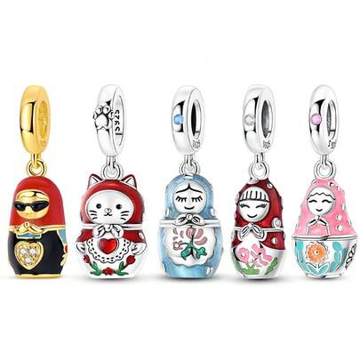 Vectoflux 1pc Pop Art Style S925 Sterling Silver Hypoallergenic Openable Russian Doll Polka Dot Pastel Gold Cat Heart Pendant, Suitable For Original Bracelet, Women's DIY Jewelry Making, Birthday Gift