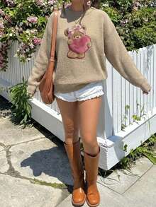Plus Size Women's Autumn Vacation Casual Cute Bear Hug Heart Pattern Crew Neck Long Sleeve Faux Sweater Top Fall - Ash - View 4