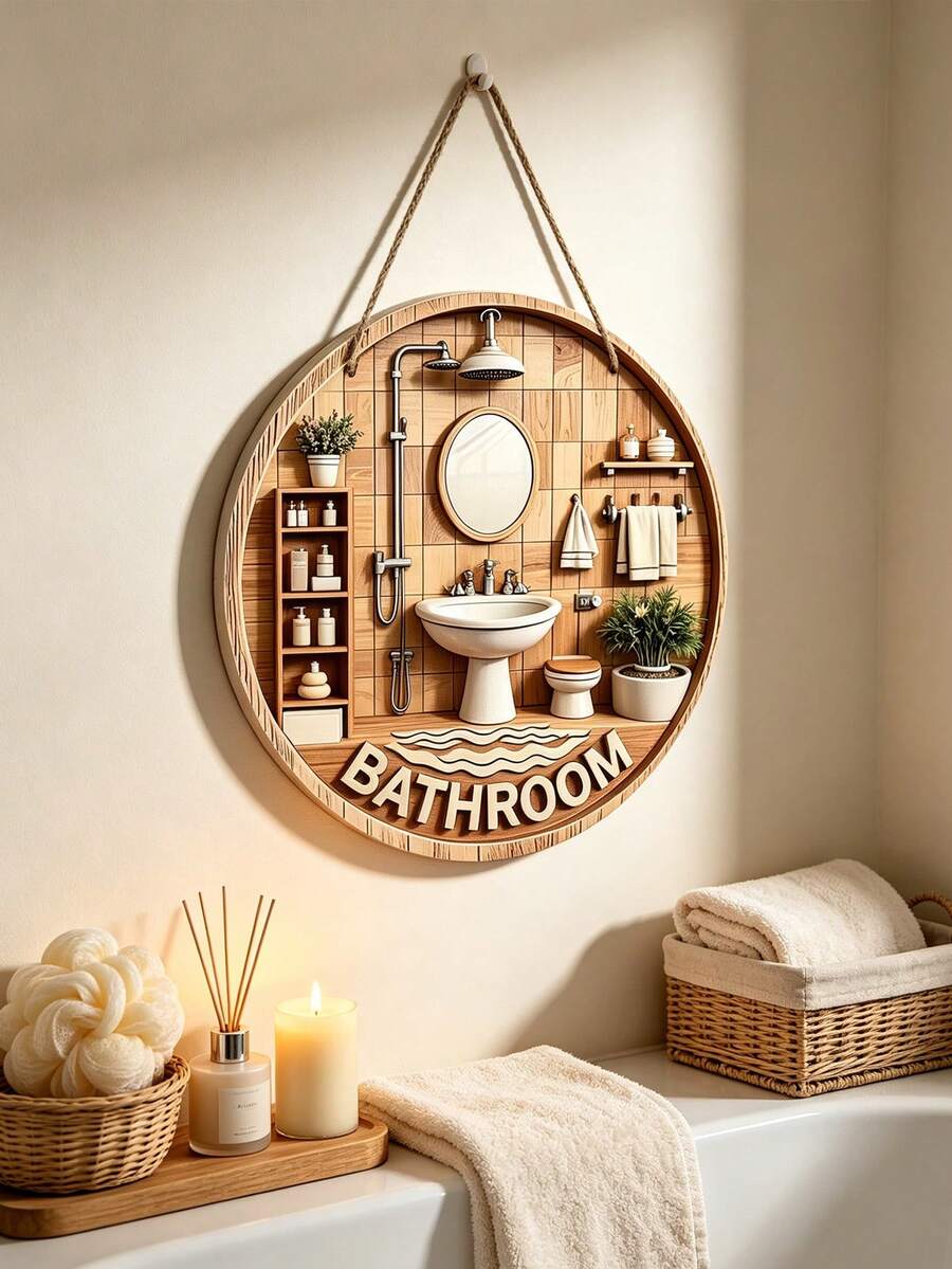 Modern Wooden Bathroom Sign, Vintage Decorative Hanging Ornament, Home Bathroom Wall Art/Desktop Decor - Multicolor - View 1