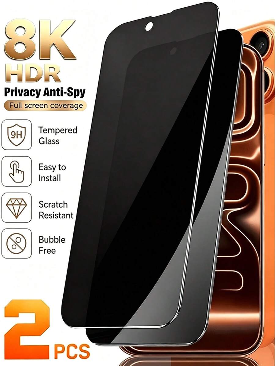 2pcs 17/16 Pro Max/16 Plus/15 Pro Max/14/13/12/11 Anti-Peeping Privacy Screen Protector, AR Transparency Enhancement Technology, No Color Distortion, 3D Curved Edge, More Comfortable Touch - Black - View 1
