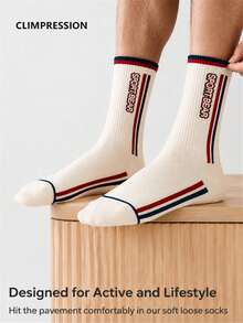 CLIMPRESSION Men's Pure Cotton Mid-Calf Fashion Boat Socks, Cute Letter Print Casual Sports Socks, Colorblock Socks, Suitable For Back To School Season Sports Running - White - View 5