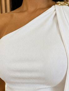 Women's Asymmetrical One-Shoulder Blouse With Padded Cups In Plain Ribbed Fabric - Casual, Basic, And Elegant - 白色 - 查看 3