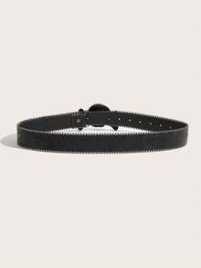 Sabuk PU Lebar Wanita Gaya Gothic dengan Gesper Tengkorak dan Tulang Silang Bertabur Berlian Imitasi, Sabuk Tepi Paku Keling Motif Bunga Timbul Bergaya Vintage, Aksesori Gaya Jalanan Punk Rock Y2K - Tengkorak Hitam - Timbul - View 4