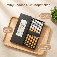 Japanese Lucky Cat & Chinese Panda Bamboo Chopsticks 5 Pairs Set, Home Dining Tableware, Printed Bamboo Wood Chopsticks, Gift Box Packaging - Multicolor - View 3
