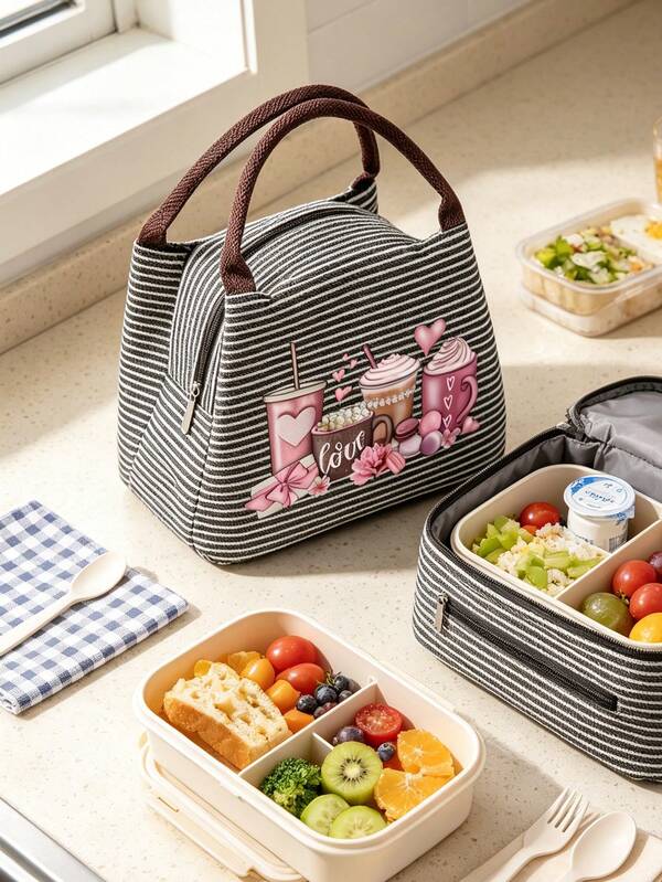 Insulated Lunch Bag With Pink Coffee Macaron, Bow, Envelope Pattern Design, For Women Coffee Lovers, With Black Utensil Storage Bag, Large Capacity, Student Meal Thermal Cold Storage Bag, Portable Travel Picnic Bag, Office School Lunch Insulated Bag, Thermal Lunch Box, Work Lunch Box, Holiday Lunch Box, Multi-Functional Camping School Lunch Box Suitable For Men And Women