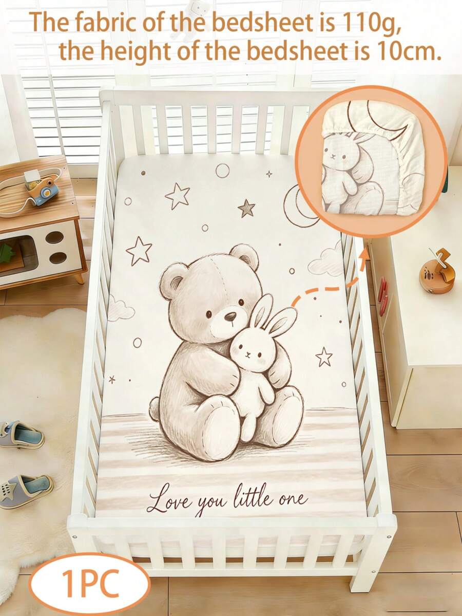 1PC Beige Bear Bunny Star Moon Print Baby Crib Fitted Sheet,110g Polyester Fabric Mattress Cover,For Neutral Nursery Daily Use Baby Gift All Seasons - Multicolor - View 1