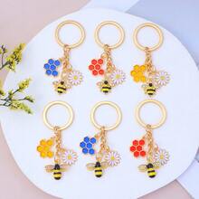 1pc Enamel Bee Honeycomb Daisy Metal Keychain, Cute Floral Bag Charm, Back To School Labor Day Holiday Decoration Gift - Multicolor - View 1